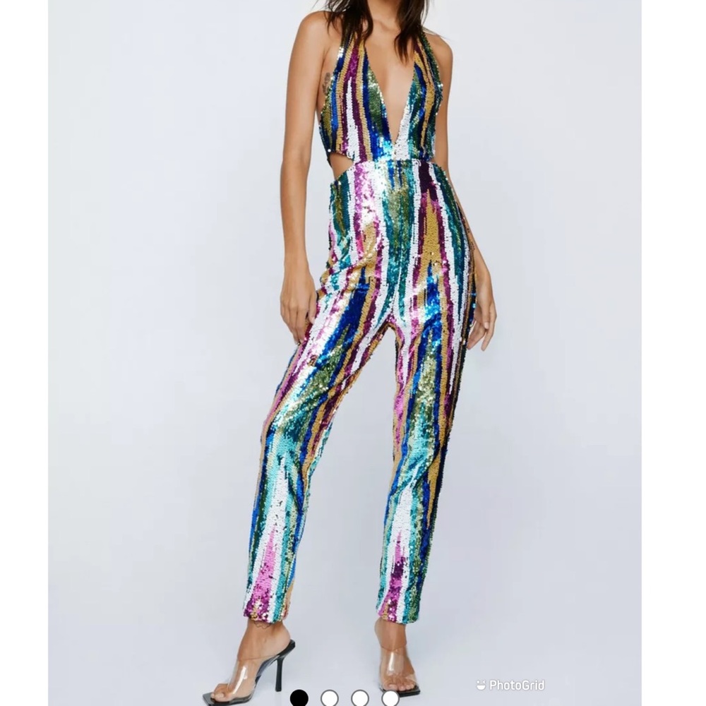 NWT Nasty Gal Stripe Sequin Halterneck Cut Out Jumpsuit